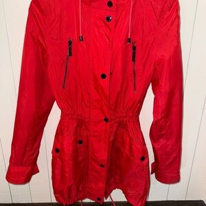 Bright Red Utility Jacket with Long Sleeves and Waist Drawstring